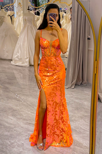 Orange Glitter Corset Mermaid Prom Dress with Slit